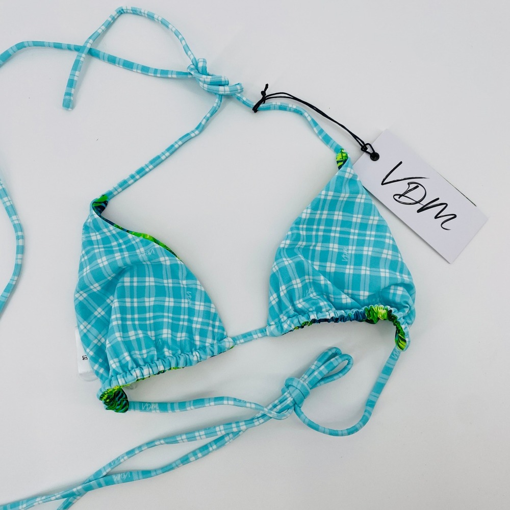 VDM Blair reversible triangle bikini top tropical and‎ mint check